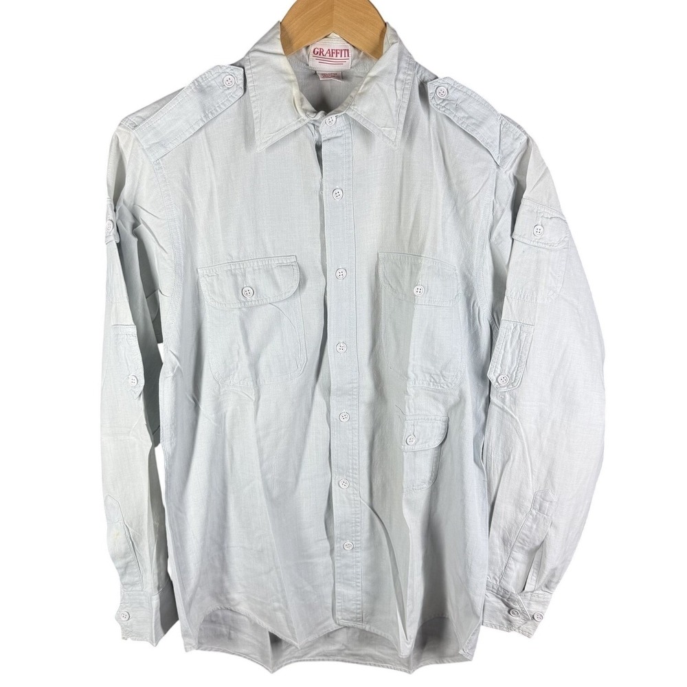 Graffiti Button Down Shirt Mens Small Light Blue Safari Epaulets Cotton